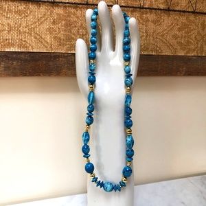 (NEW) Vintage Costume Marble-Like Blue Bead Single Strand Necklace Lobster Clasp